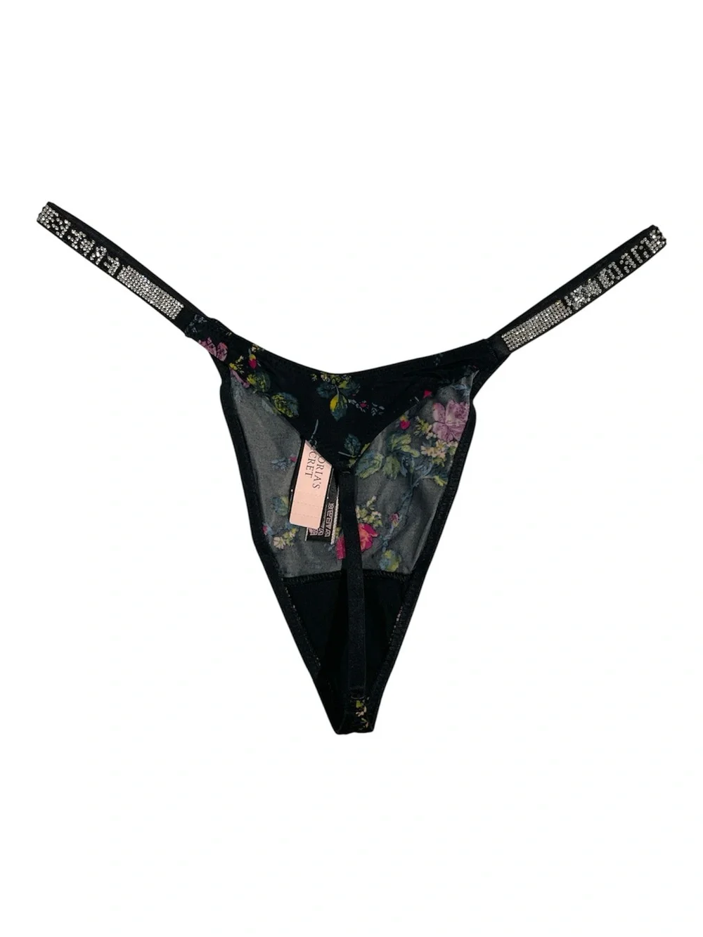Victoria's Secret Very Sexy Black Floral Rhinestone-Trim V-String Thong | S NWT